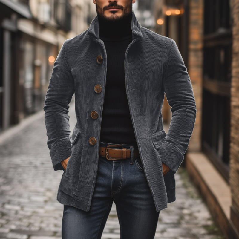Manteau court ajusté en velours côtelé à col montant pour homme, vue 8
