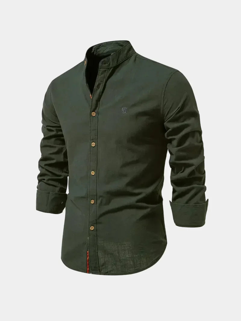 Chemise homme col mao boutonnée, coloris Vert militaire